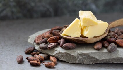 Cocoa butter and cocoa nibs displayed on natural stone.