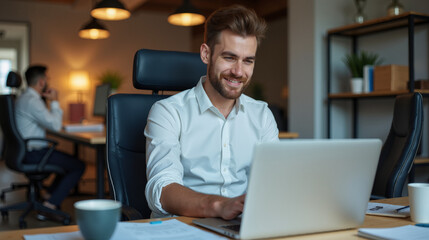 Fototapeta premium Young man with a joyful expression working on a laptop in a modern office space