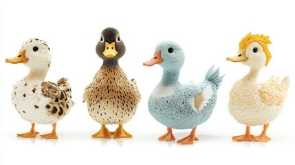 Naklejka premium Four Adorable Duck Figurines on White Background