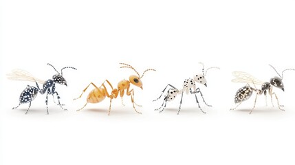 Fototapeta premium Four Ants in Black, Brown, White and Light Brown on White Background