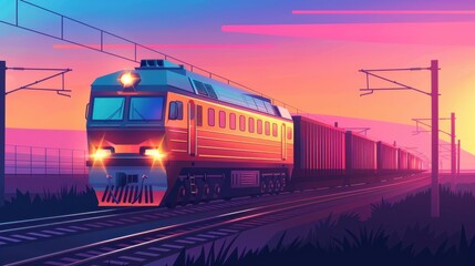 Fototapeta premium A train moves along tracks under a colorful sunset sky.