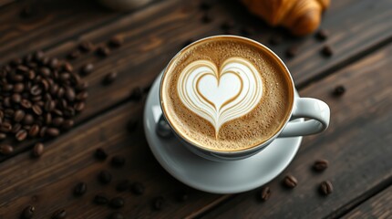 A Heartwarming Latte Art Heart, A Symbol Of Morning Comfort And Cozy Caf Moments, Displayed On A Rustic Wooden Table Surrounded By Coffee Beans And A Croissant, Bathed In Warm, Inviting Light