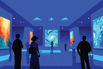 A futuristic digital art gallery within a vibrant metaverse environment showcasing a single, mesmerizing digital artwork.  Emphasis on sleek architecture and immersive lighting.