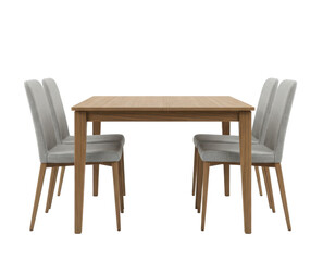 Modern Wooden Dining Table with Chairs, Stylish Minimalist Furniture Set for Home, Kitchen, and Interior Design isolated on white.