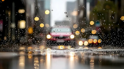 Fototapeta premium A city scene captured during a rainstorm with car lights