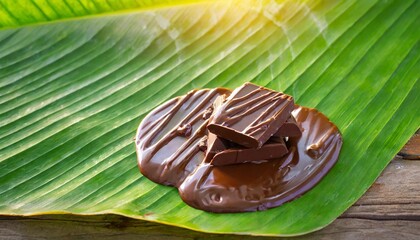 Chocolate melting in the sunlight on a green banana leaf.