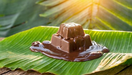 Chocolate melting in the sunlight on a green banana leaf.