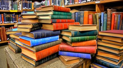 Obraz premium Colorful Vintage Books Stacked in a Cozy Library Setting with Wooden Shelves and Warm Atmosphere