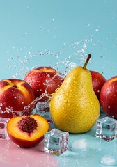 Fruit splash with yellow pear and red apples on colorful background