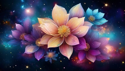 Floral Galaxy Universe. Seamless blend flowers & deep space. Stars & nebulas. Breathtaking cosmic floral design.