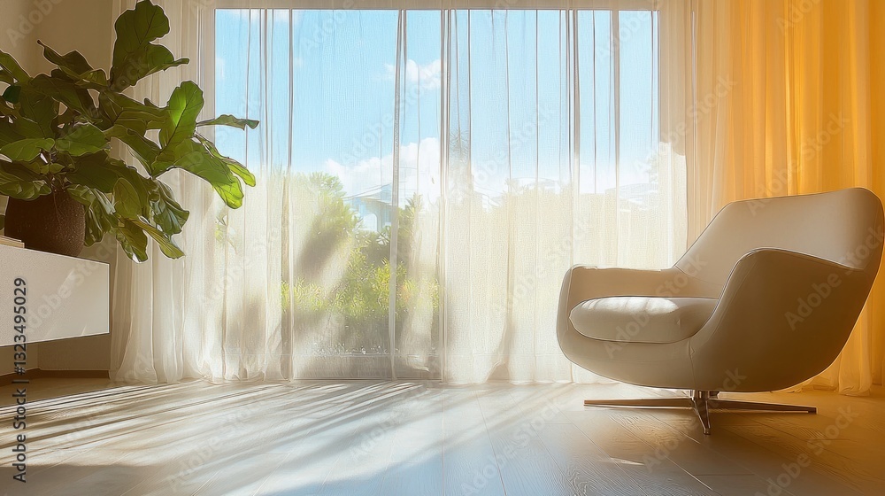 Poster golden rays streaming through a sheer curtain, casting soft, ethereal shadows on the floor and furni