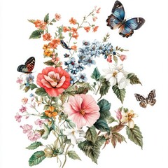Floral Watercolor with Butterflies Vintage Print