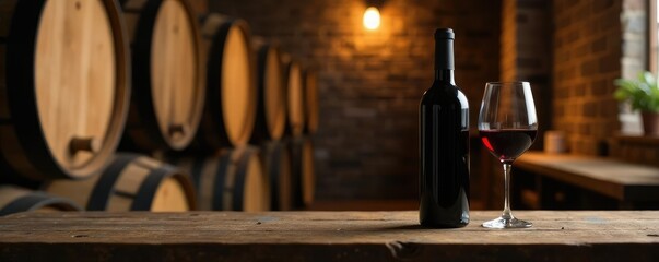 Cozy wine cellar with wooden barrel bottle and glass on rustic table, wine lover, wood