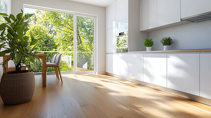 Fototapeta premium Modern open-plan kitchen and dining area with panoramic views bright and airy contemporary style outdoor connection inviting atmosphere