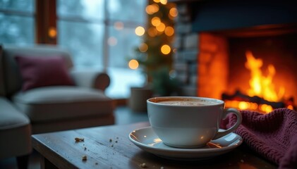 Cozy winter scene with hot chocolate and a warm fireplace, cozy, comfortable