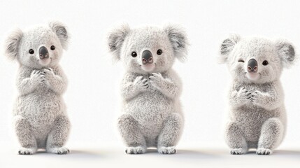 Three Fluffy Koala Bears Posing Against White Background