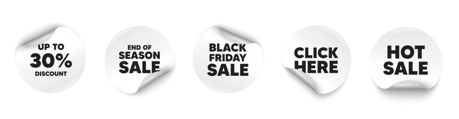 Discount tag sticker tag. Season sale, Black friday paper price banners. Up to 30 percent discount. Sale offer price sign. Special offer symbol. Save 30 percentages. Click here sticker. Vector