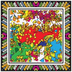 A vibrant abstract image filled with colorful geometric shapes, framed by a patterned border in contrasting colors.