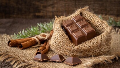 Handmade chocolate nestled in natural burlap fabric.