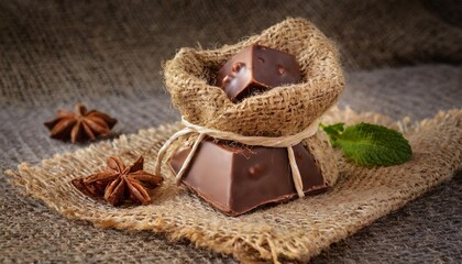 Handmade chocolate nestled in natural burlap fabric.