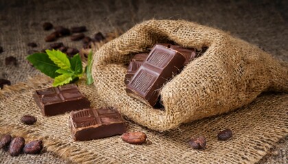 Handmade chocolate nestled in natural burlap fabric.