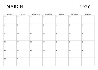 March 2026 calendar. Monthly planner template. Monday start. Vector design