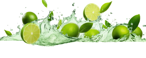 Green tea splash with mint , lime on transparent background
