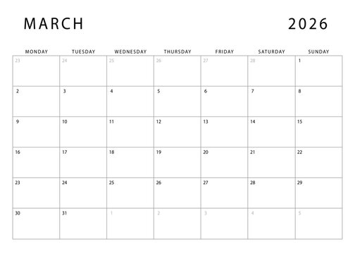 March 2026 calendar. Monthly planner template. Monday start. Vector design