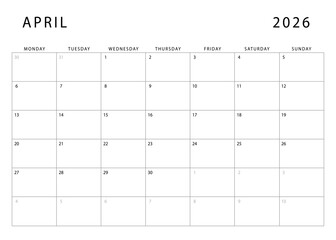 April 2026 calendar. Monthly planner template. Monday start. Vector design