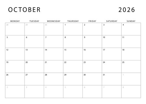 October 2026 calendar. Monthly planner template. Monday start. Vector design