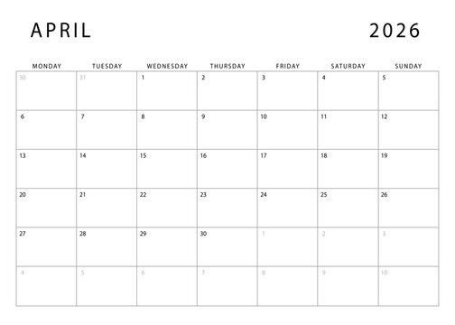 April 2026 calendar. Monthly planner template. Monday start. Vector design