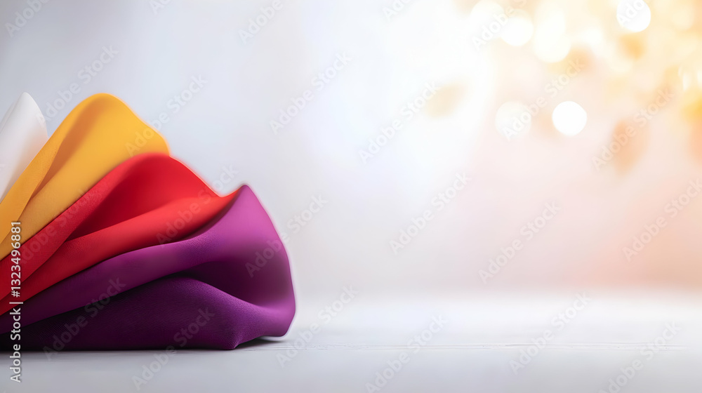 Poster colorful layered fabric on a light surface with soft bokeh background