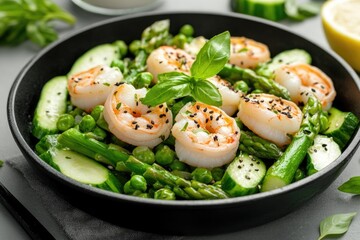 Asparagus and Shrimp Stir-Fry With Fresh Vegetables in a Black Skillet Served With a Lemon Wedge