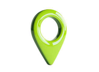Bright green location pin representing navigation and wayfinding in modern technology, cut out on transparent background