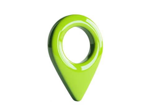Bright green location pin representing navigation and wayfinding in modern technology, cut out on transparent background