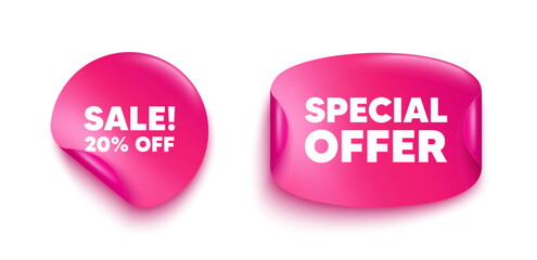 Sale sticker banner. Paper price label. Sale 20 percent off discount. Promotion price offer sign. Retail badge symbol. Paper sticker with message. Offer label banner. Vector