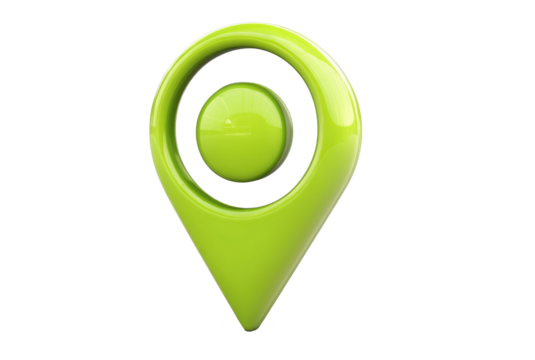 Bright green location pin symbolizing navigation and geolocation on a white background, cut out on a transparent background