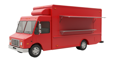 Red Food Truck with Open Serving Window, Mobile Catering Vehicle for Street Food, Events, and Outdoor Dining Business
