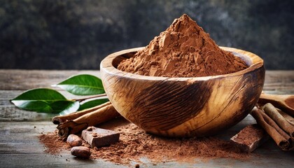 Rustic wooden bowl filled with rich cocoa powder.