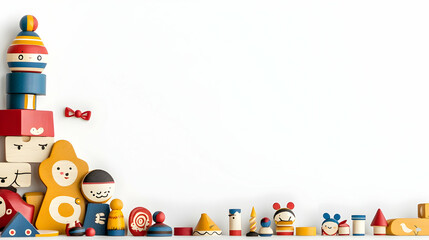 Arrangement Of Colorful Wooden Toys On White Background Including Figures And Building Blocks