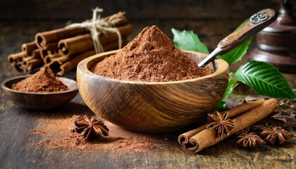 Rustic wooden bowl filled with rich cocoa powder.