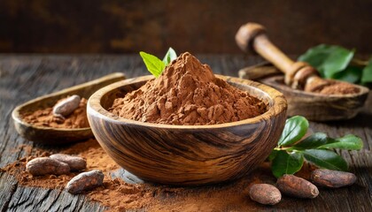 Rustic wooden bowl filled with rich cocoa powder.