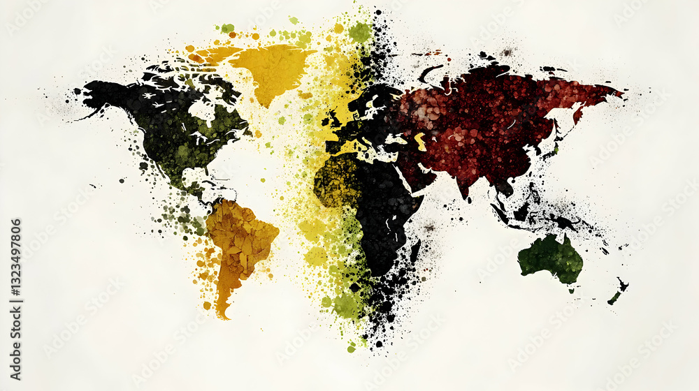Poster colorful abstract world map created using paint splatter effects