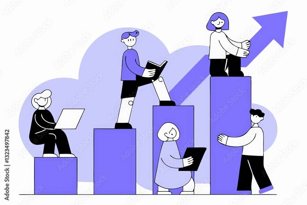 Poster a group of diverse individuals working on laptops, standing on ascending blocks, symbolizing growth 