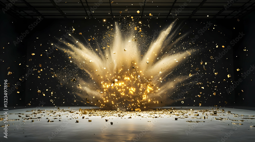 Poster explosive burst of golden particles in dark studio setting against black background with bright ligh