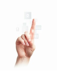 Interactive hand gesture pointing at digital icons.