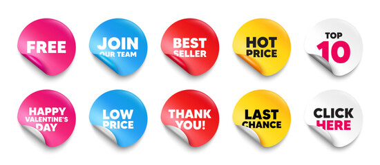 Free sticker tag. Top 10, Best seller, Hot price banners. Free tag. Special offer sign. Sale promotion symbol. Join our team sticker. Vector
