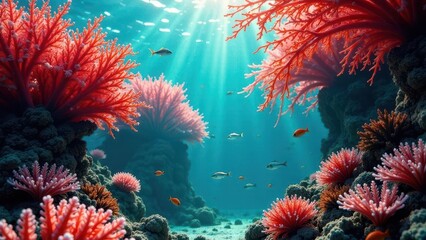 Vibrant Underwater Scene of Coral Reef and Colorful Fish Swimming in Sunlit Ocean Depths