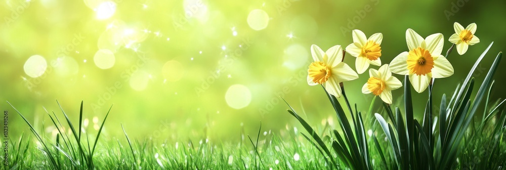 Poster blooming daffodils in spring meadow with bright bokeh lights background