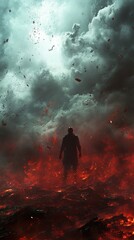 Silhouette of Man Facing Fiery Apocalypse